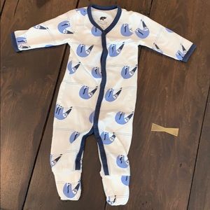 Monica + Andy sloth print button up romper footie